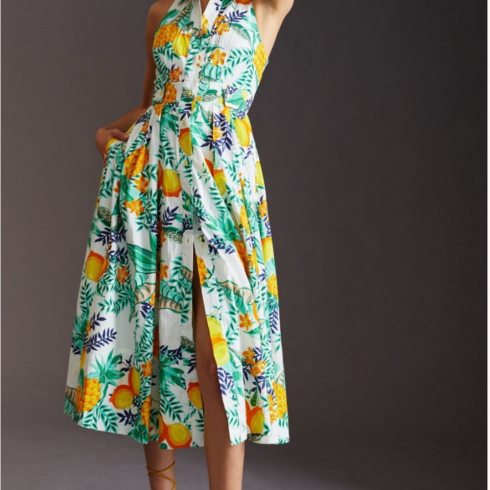 Maeve Anthro Tropical Print Halter Midi Dress